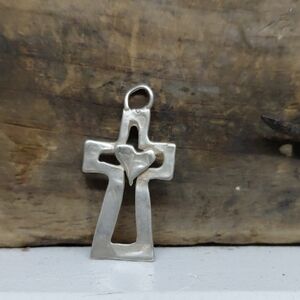 Vintage Handmade Silver Cross With Heart Pendant